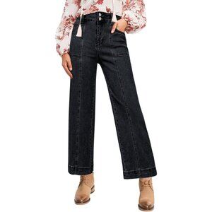 Women's High Waisted Wide Leg Cropped Denim Jeans Black Size 8